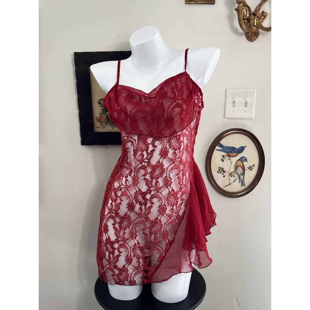 Vintage Shirley of Hollywood Red Floral Lace Slip Matching Panties Size M